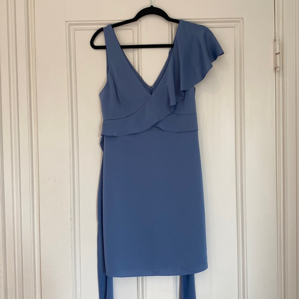 BCBGMAXAZRIA bue Asymmetrical Mini Tie Dress